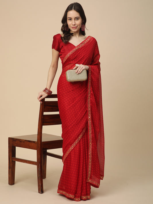 Chiffon Printed Saree with Printed Blouse Piece