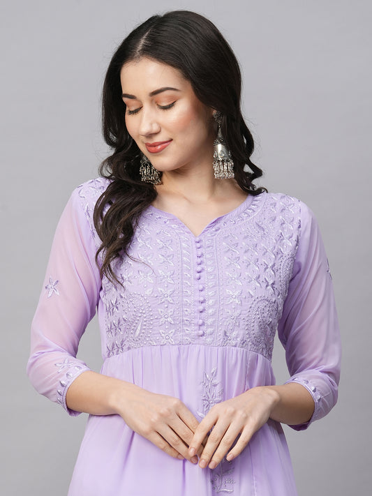 Solid Georgette Tiered Chikankari Flared Kurti Gown Maxi Dress