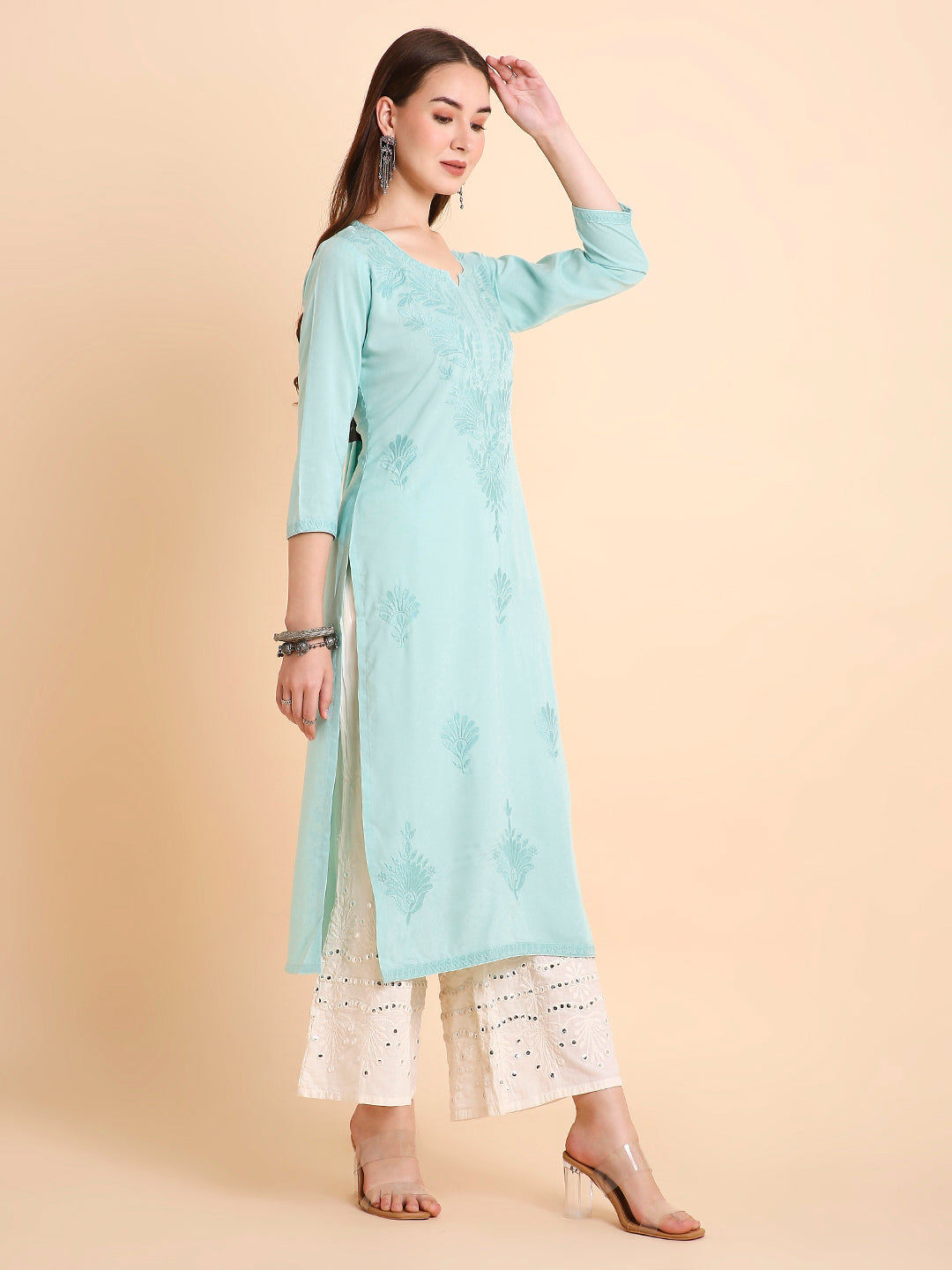 RATAN Women's Rayon Straight Lucknowi Chikankari Ethnic Wear Kurta