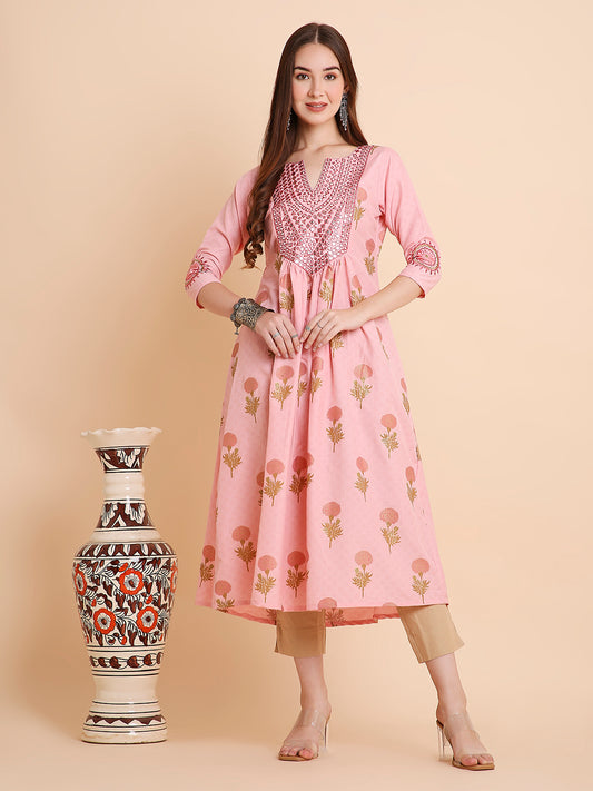 RATAN Women's Floral Printed Mirror Embroidery Rayon Ethnicwear Kurta