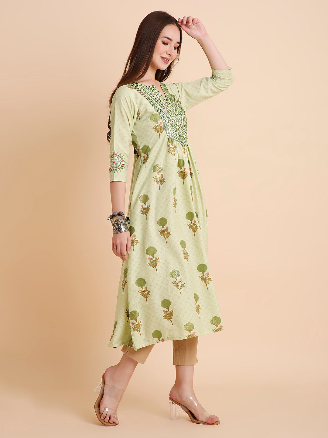 Women's Floral Printed Mirror Embroidery Rayon Ethnicwear Kurta