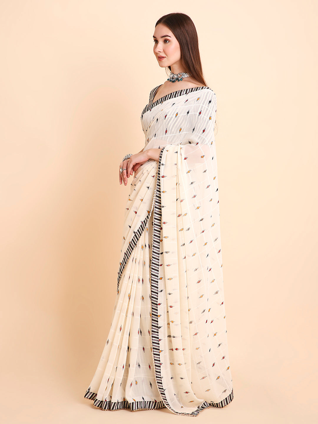Chiffon Ikat Printed Saree with Unstitched Blouse Piece