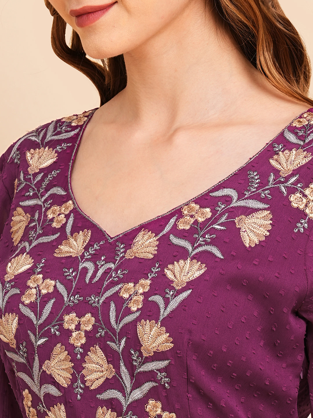 RATAN Women's Floral Embroidered Puff Sleeve Chiffon Flared Tiered Kurta Gown Maxi Dress