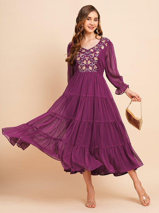 Floral Embroidered Puff Sleeve Chiffon Flared Tiered Kurta Gown Maxi Dress