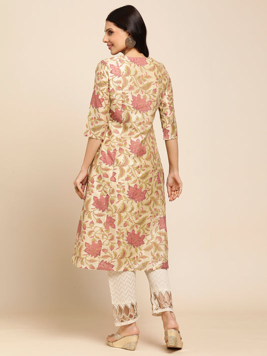 Chanderi Silk Gold Printed Flared Ethnic Wear Kurti for Women