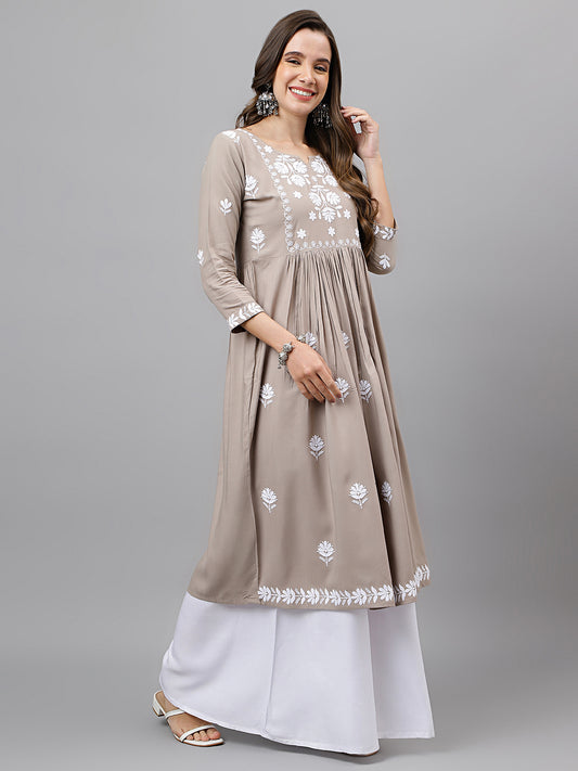Rayon Anarkali Lucknowi Chikankari Ethnic Wear Kurta