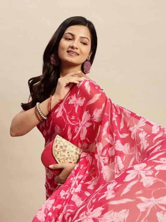 Chiffon Floral Printed Saree with Unstitched Blouse Piece