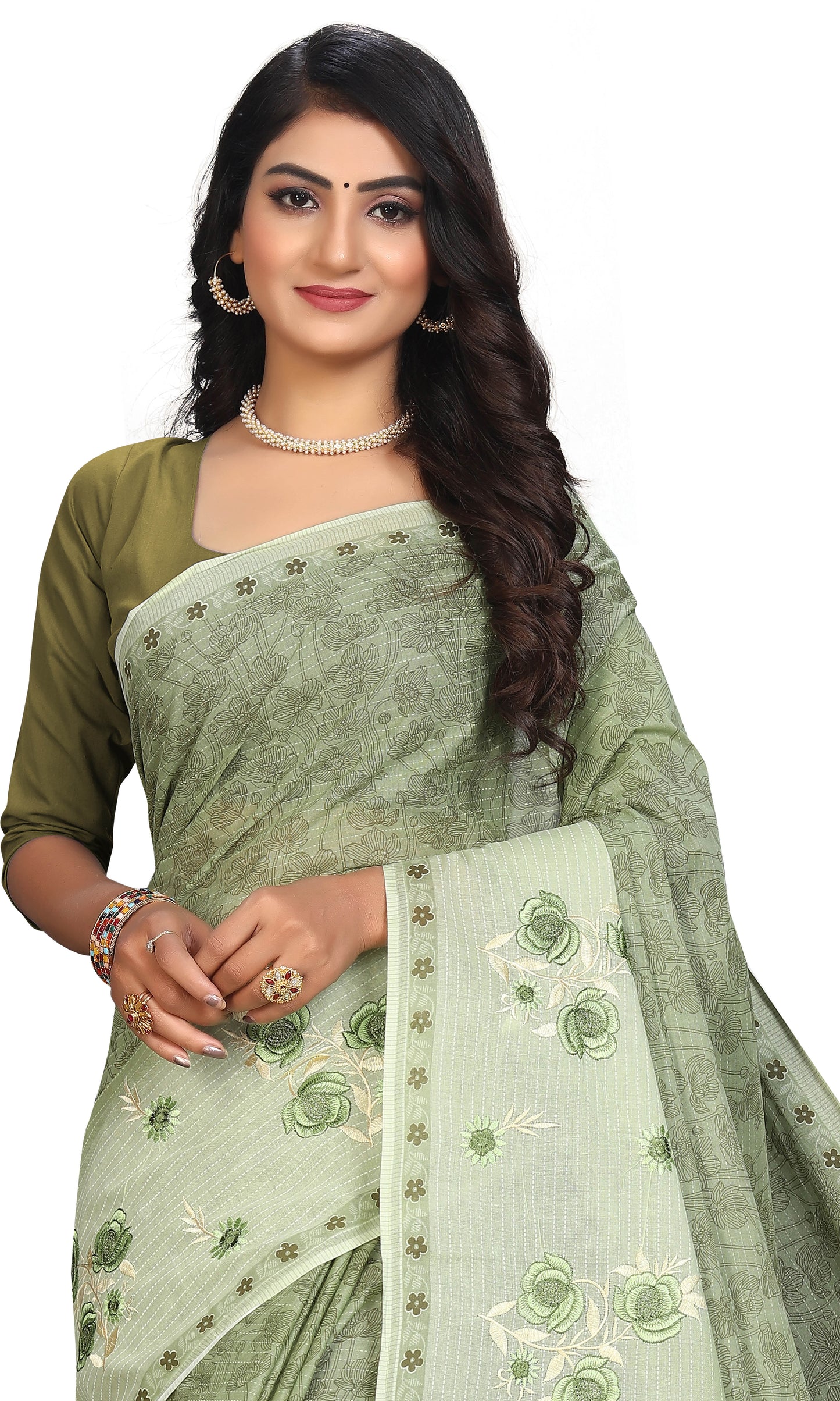 Pure Cotton Printed+Embroidery Mul Mul Saree for Women