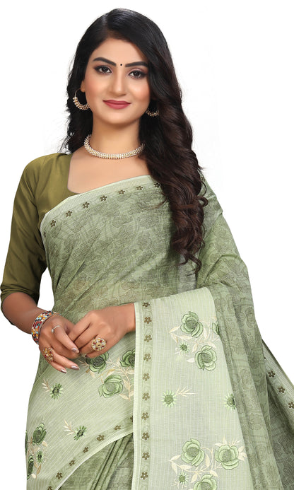 Pure Cotton Printed+Embroidery Mul Mul Saree for Women