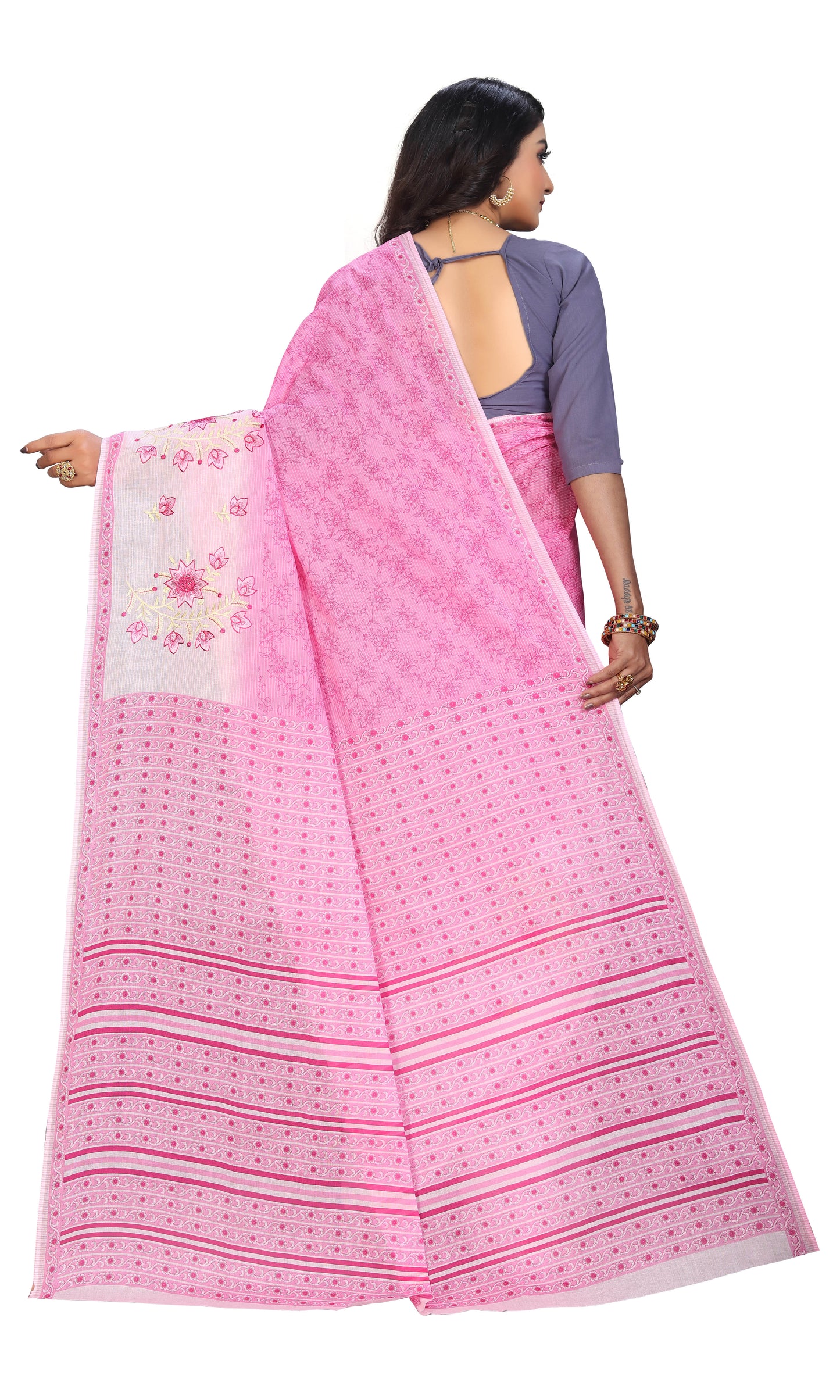 Pure Cotton Printed+Embroidery Mul Mul Saree for Women