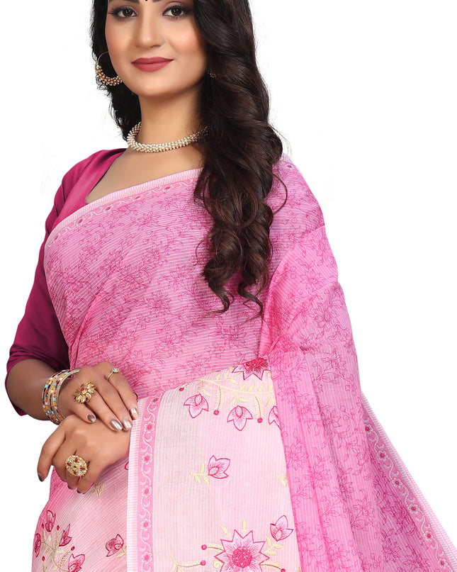 Pure Cotton Printed+Embroidery Mul Mul Saree for Women