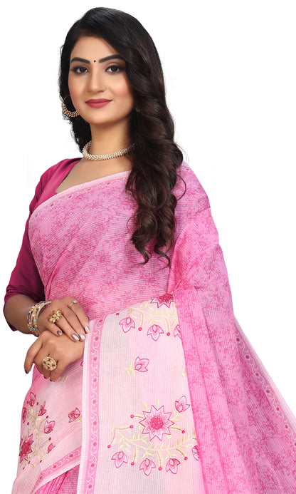 Pure Cotton Printed+Embroidery Mul Mul Saree for Women