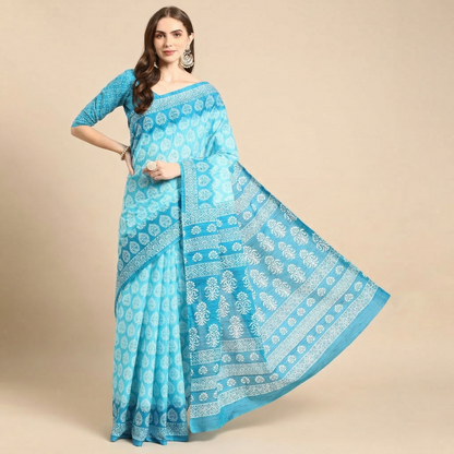 Pure Cotton Printed Mulmul Saree for Women with Blouse Piece