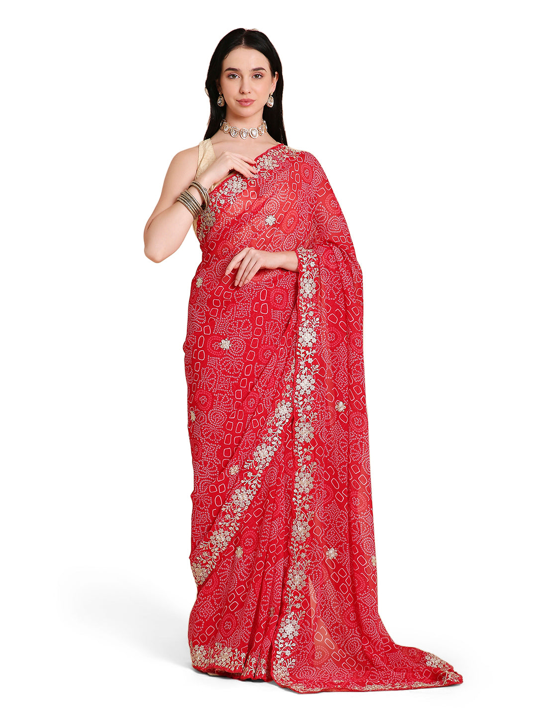 Chiffon Bandhani Printed Saree with Embroidered Blouse Piece