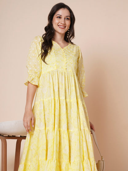 RATAN Women's Pure Cotton Tiered Printed Flared Kurti Gown Maxi Dress