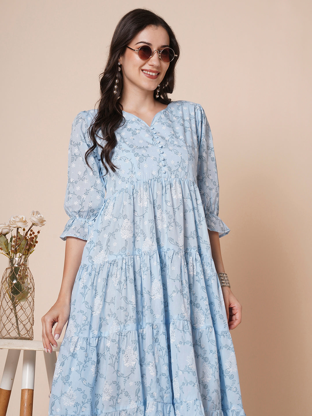 Women's Pure Cotton Tiered Printed Flared Kurti Gown Maxi Dress