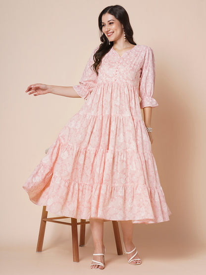 Women's Pure Cotton Tiered Printed Flared Kurti Gown Maxi Dress