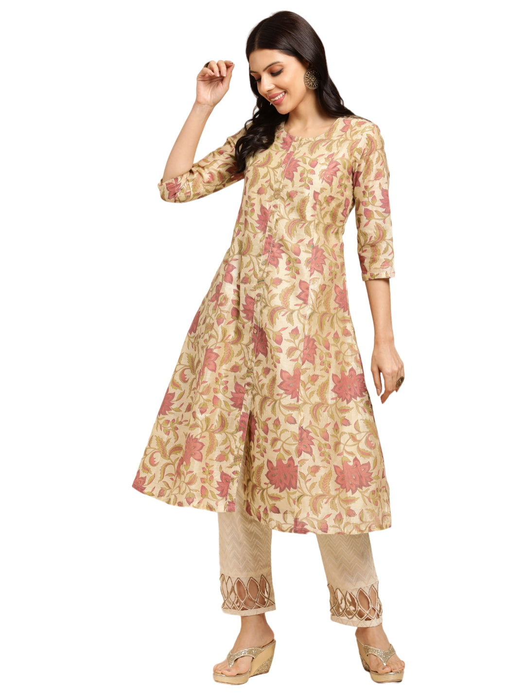 RATAN Chanderi Silk Gold Printed Flared Ethnic Wear Kurti for Women