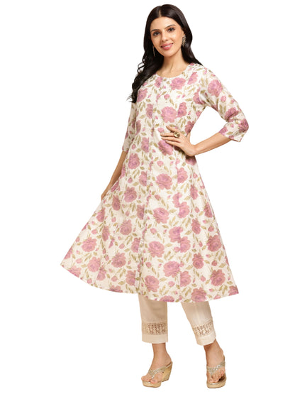 RATAN Chanderi Silk Gold Printed Flared Ethnic Wear Kurti for Women