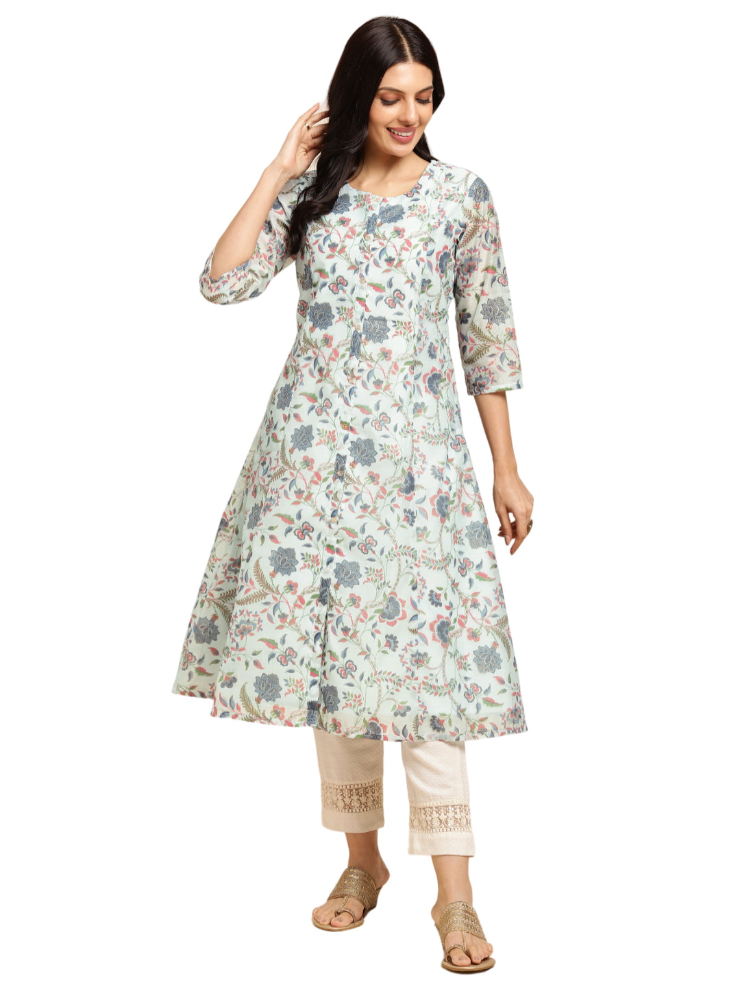 RATAN Chanderi Silk Gold Printed Flared Ethnic Wear Kurti for Women