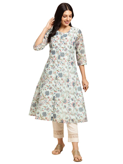 RATAN Chanderi Silk Gold Printed Flared Ethnic Wear Kurti for Women