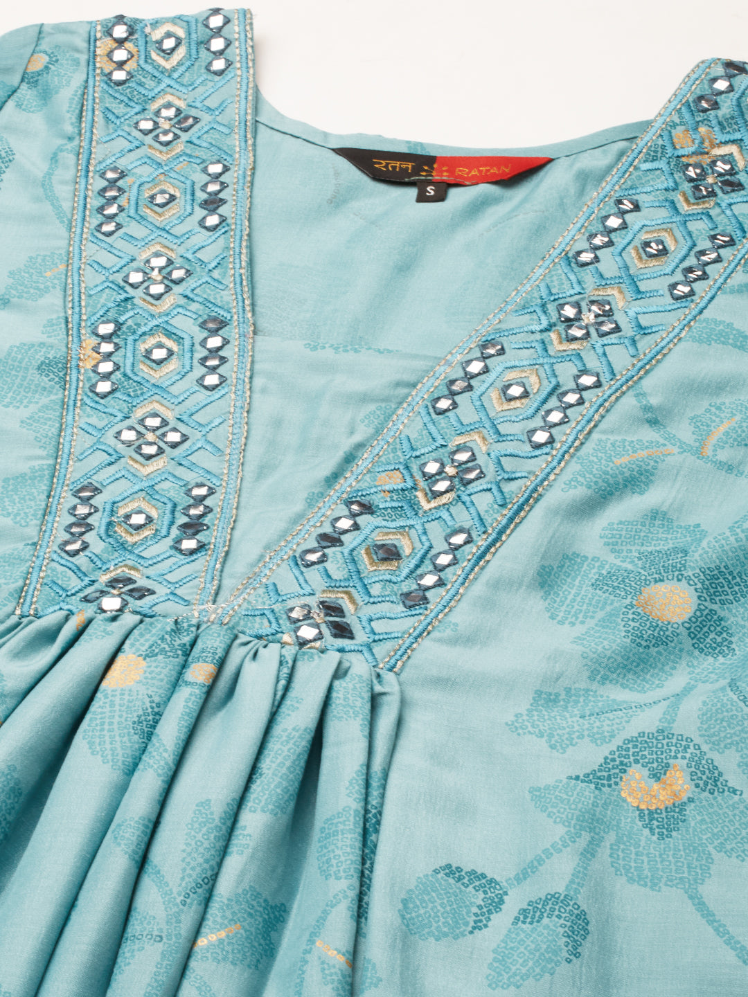 Women's Gold Printed Viscose Flared Mirrorwork Ethnic Wear Anarkali Kurta