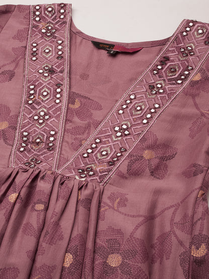 Women's Gold Printed Viscose Flared Mirrorwork Ethnic Wear Anarkali Kurta