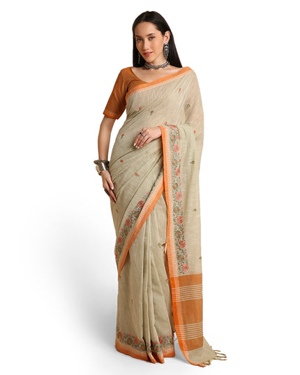 Pure Cotton Handloom Embroidered Saree with Blouse Piece