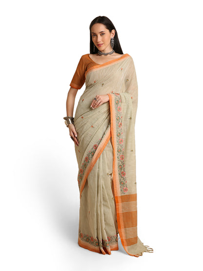 Pure Cotton Handloom Embroidered Saree with Blouse Piece