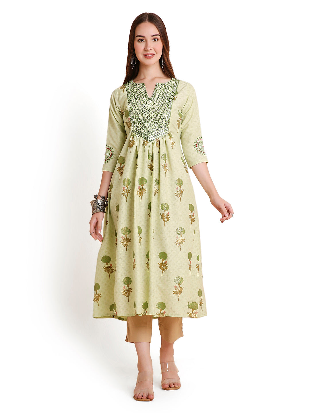 Women's Floral Printed Mirror Embroidery Rayon Ethnicwear Kurta