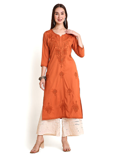 RATAN Women's Rayon Straight Lucknowi Chikankari Ethnic Wear Kurta