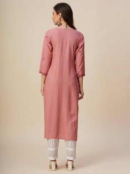 RATAN Women's Rayon Straight Lucknowi Chikankari Ethnic Wear Kurta