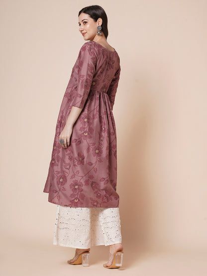 Women's Gold Printed Viscose Flared Mirrorwork Ethnic Wear Anarkali Kurta