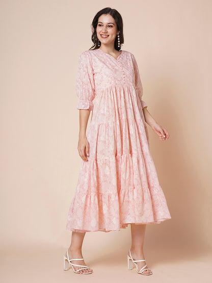 RATAN Women's Pure Cotton Tiered Printed Flared Kurti Gown Maxi Dress
