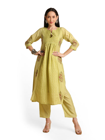 Women's Hand Block Printed Mul Cotton Chanderi Flared Ethnic Kurta Pant Set