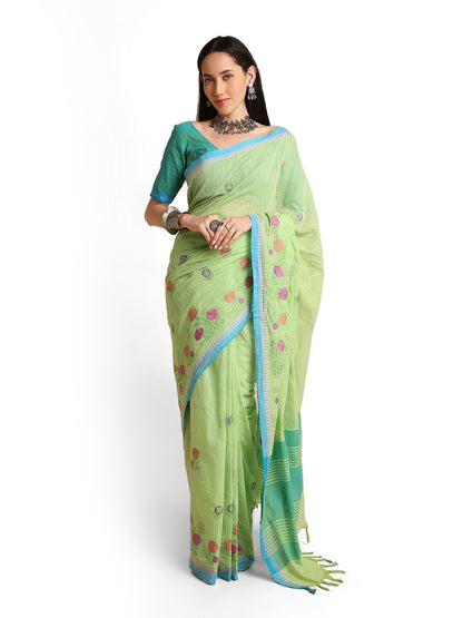 Pure Cotton Handloom Embroidered Saree with Blouse Piece