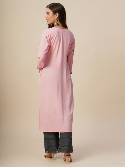 Rayon Straight Lucknowi Chikankari Ethnic Wear Kurta