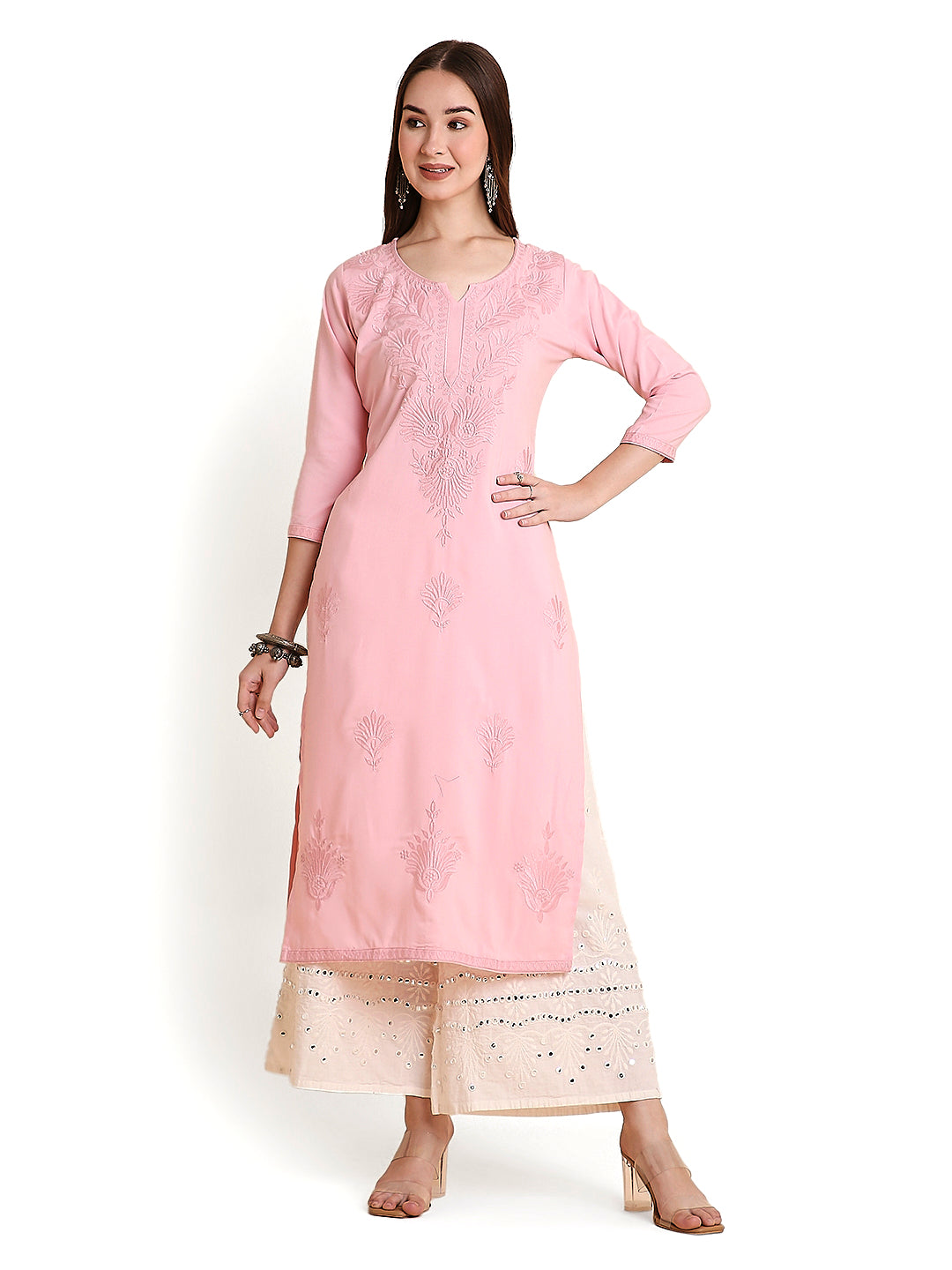 RATAN Women's Rayon Straight Lucknowi Chikankari Ethnic Wear Kurta