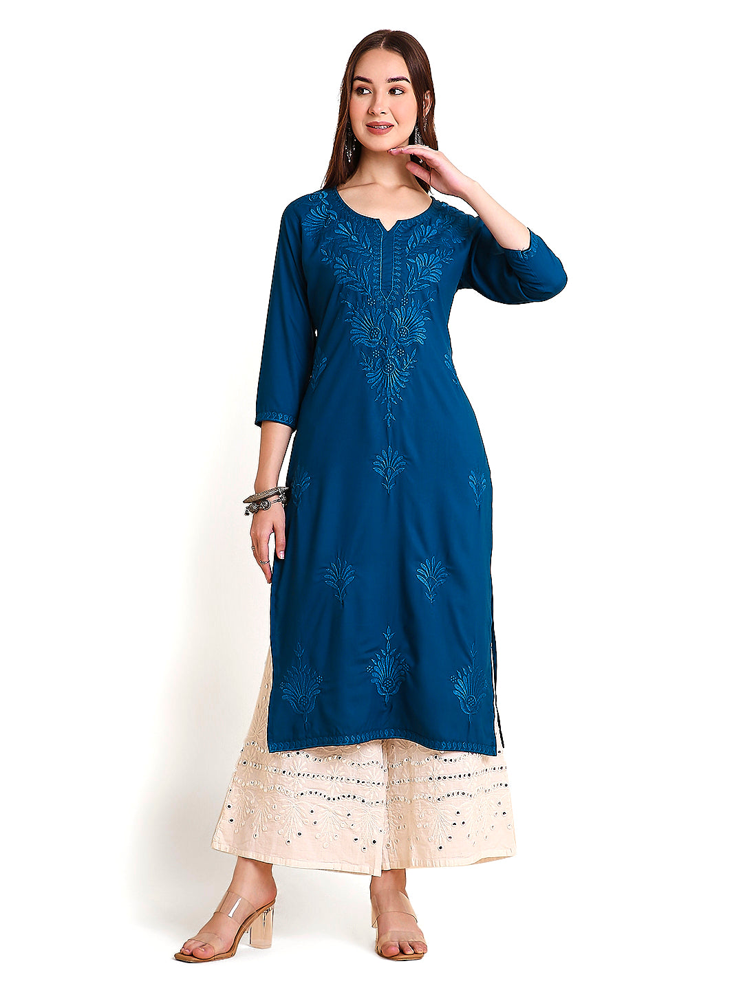RATAN Women's Rayon Straight Lucknowi Chikankari Ethnic Wear Kurta
