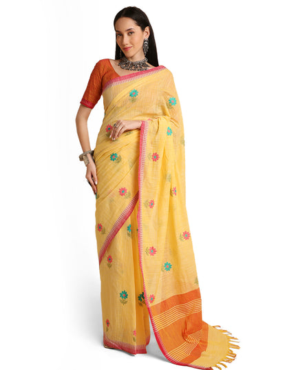 Pure Cotton Handloom Embroidered Saree with Blouse Piece