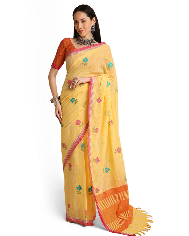 Pure Cotton Handloom Embroidered Saree with Blouse Piece