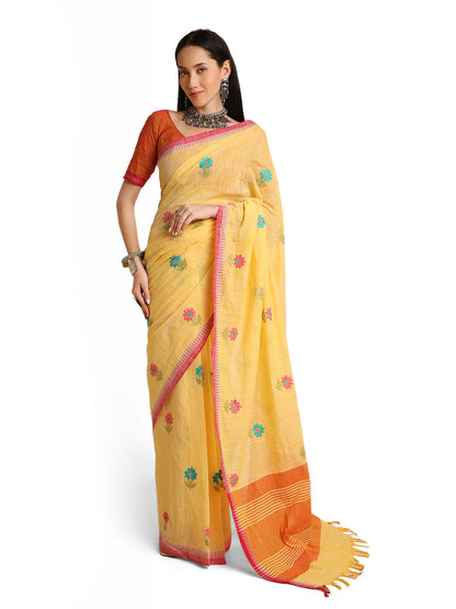 Pure Cotton Handloom Embroidered Saree with Blouse Piece