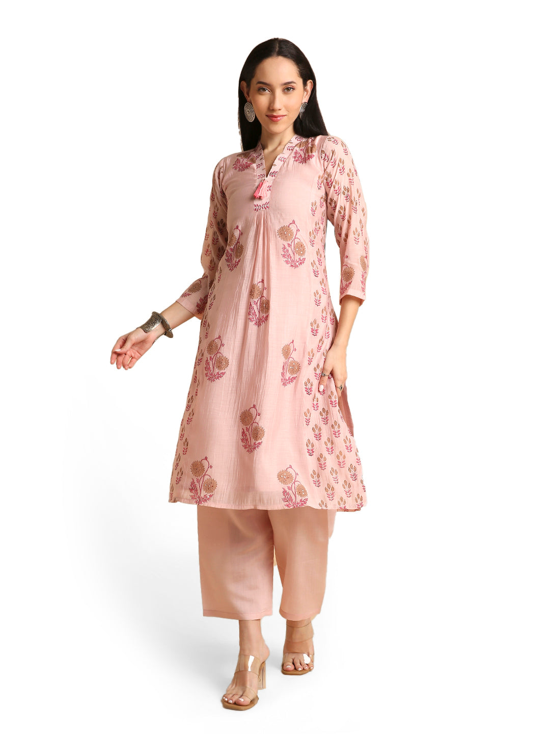 Women's Hand Block Printed Mul Cotton Chanderi Flared Ethnic Kurta Pant Set