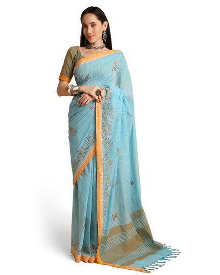 Pure Cotton Handloom Embroidered Saree with Blouse Piece