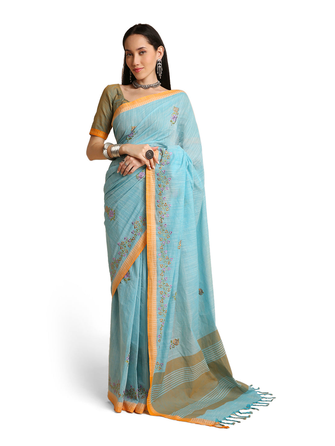 Pure Cotton Handloom Embroidered Saree with Blouse Piece