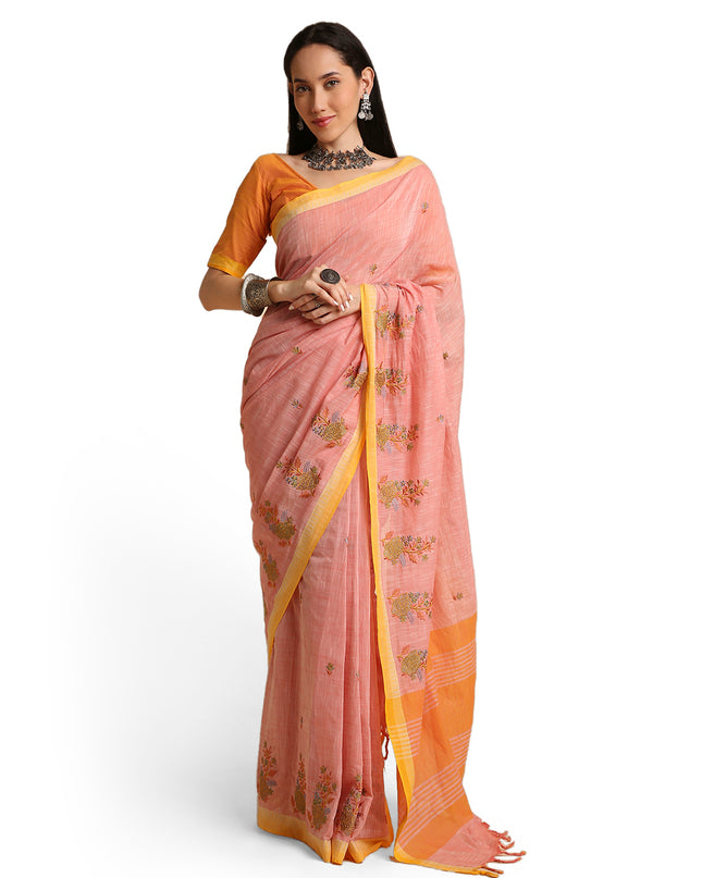 Pure Cotton Handloom Embroidered Saree with Blouse Piece