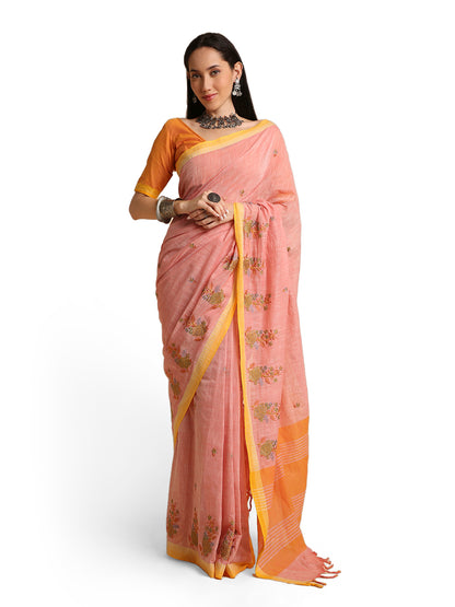 Pure Cotton Handloom Embroidered Saree with Blouse Piece