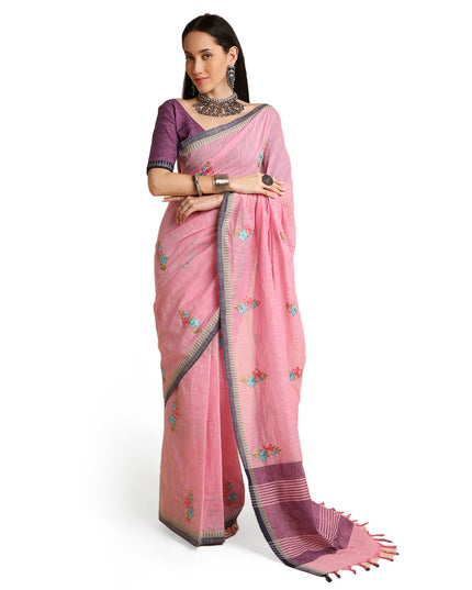 Pure Cotton Handloom Embroidered Saree with Blouse Piece