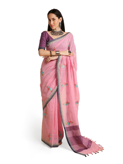 Pure Cotton Handloom Embroidered Saree with Blouse Piece