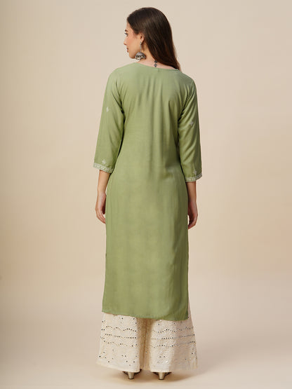 RATAN Women's Rayon Straight Lucknowi Chikankari Ethnic Wear Kurta